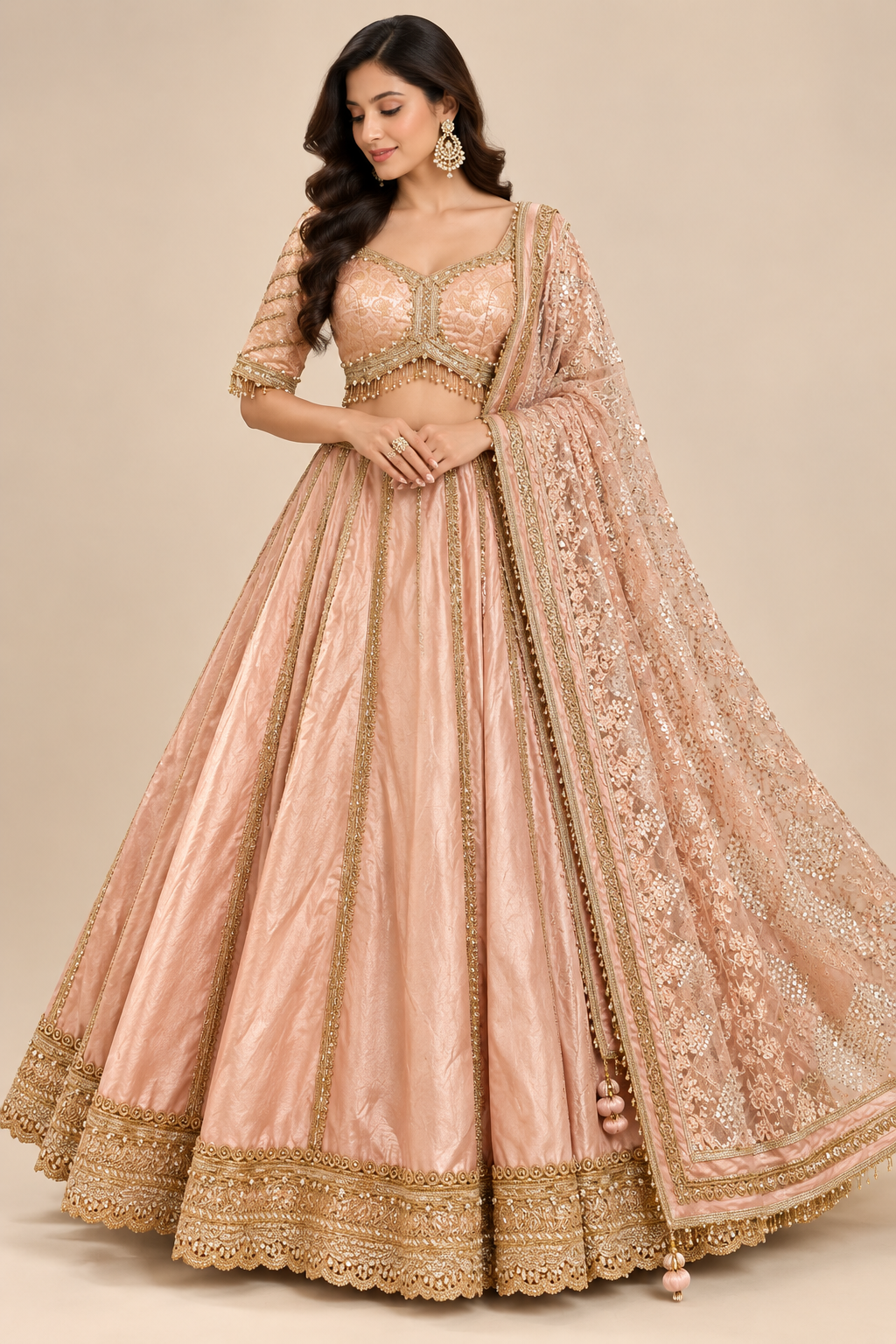 Peach Blush Tissue Silk Kalidar Lehenga Choli Set with Heavily Embellished Net Dupatta
