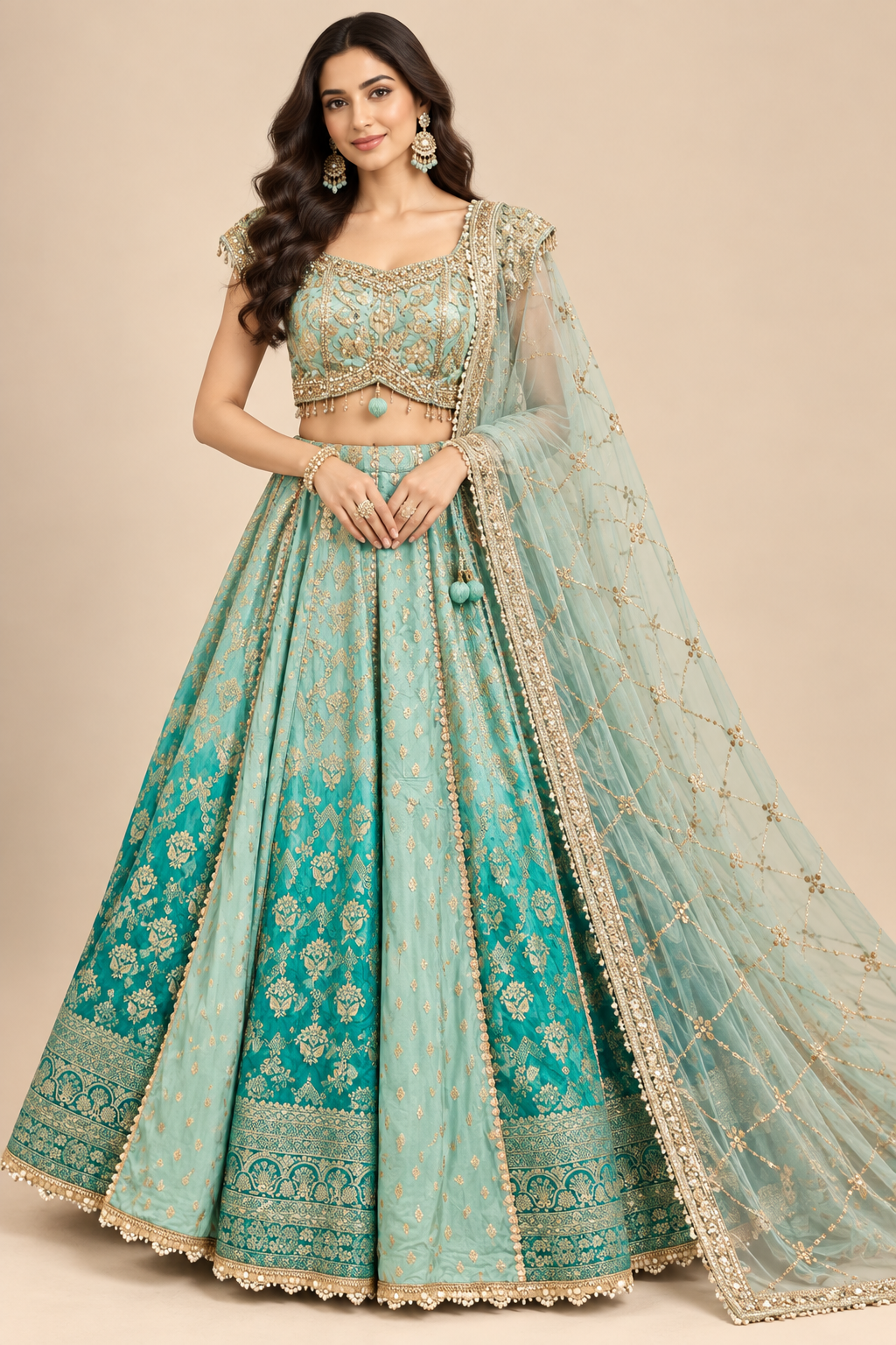 Sea Green & Emerald Ombré Kalidar Lehenga Choli Set with Dupatta