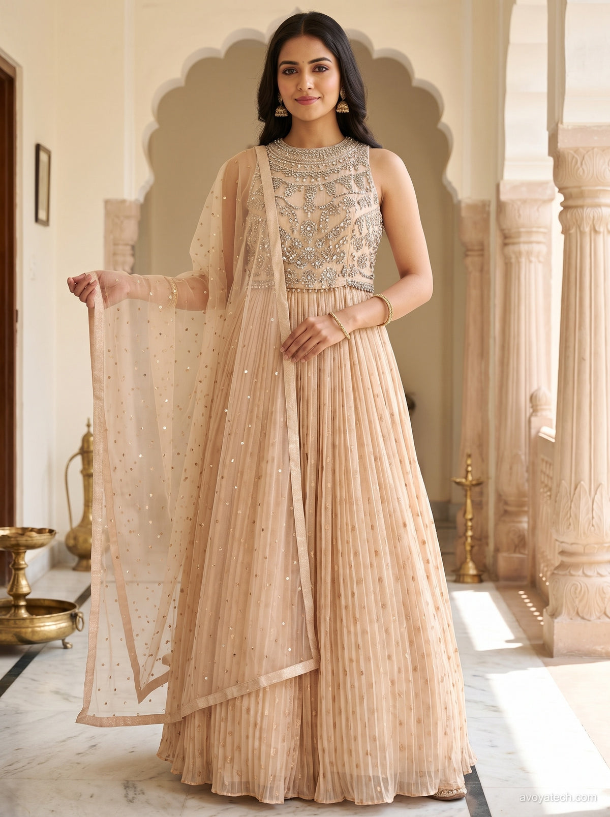 Champagne Peach Pleated Embroidered Lehenga Gown Set