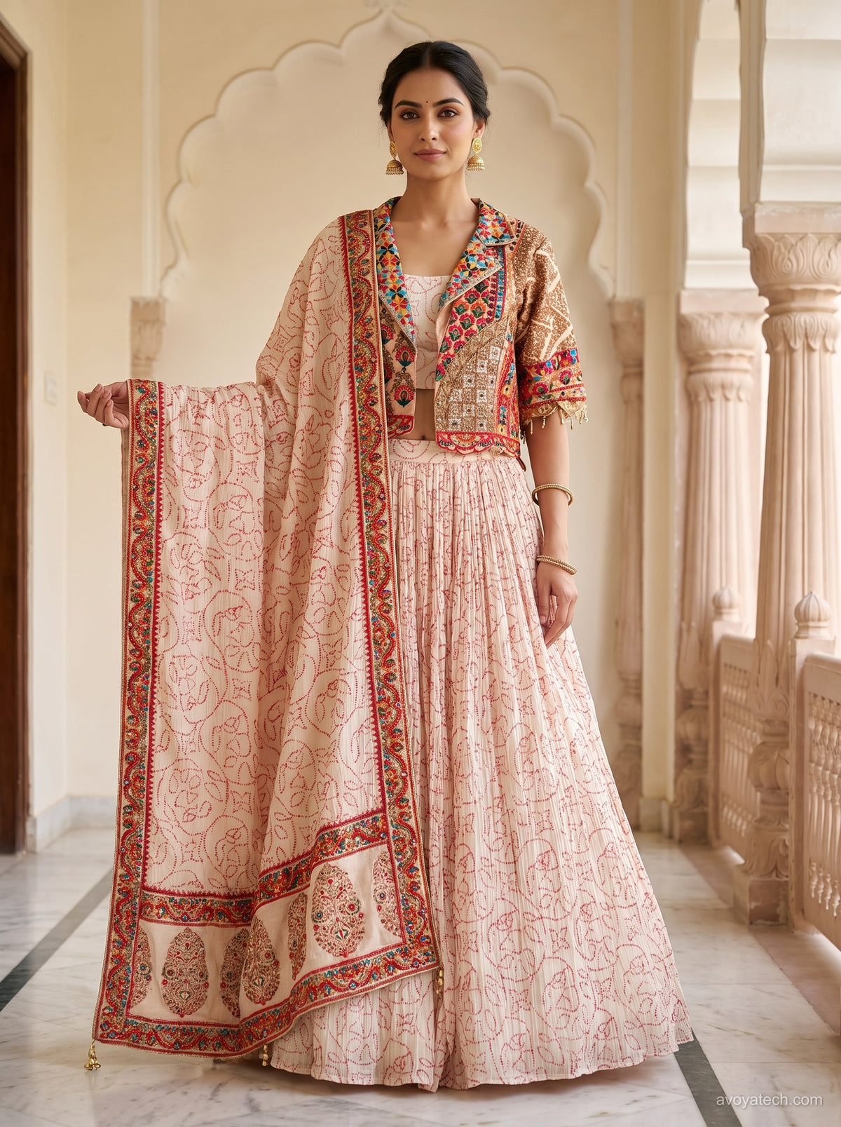 Blush Bandhani Lehenga Set with Embroidered Notch-Collar Jacket