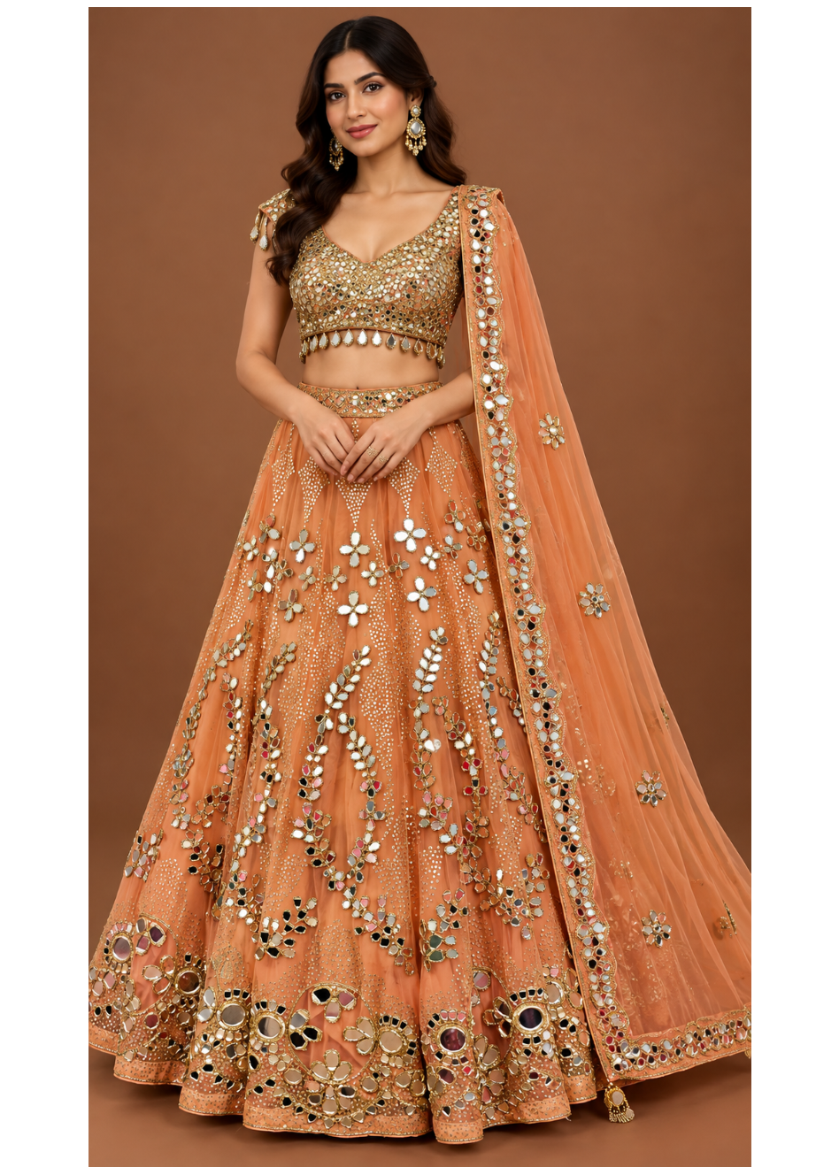Tangerine Peach Mirror Work Bridal Lehenga