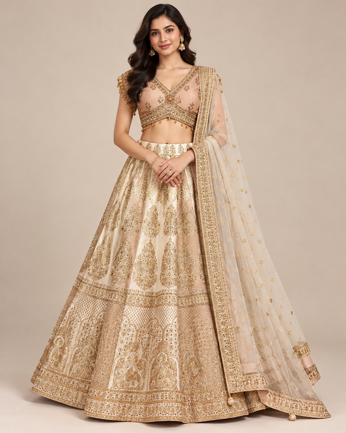 Ivory and Blush Gold Embroidered Bridal Lehenga Set Main image