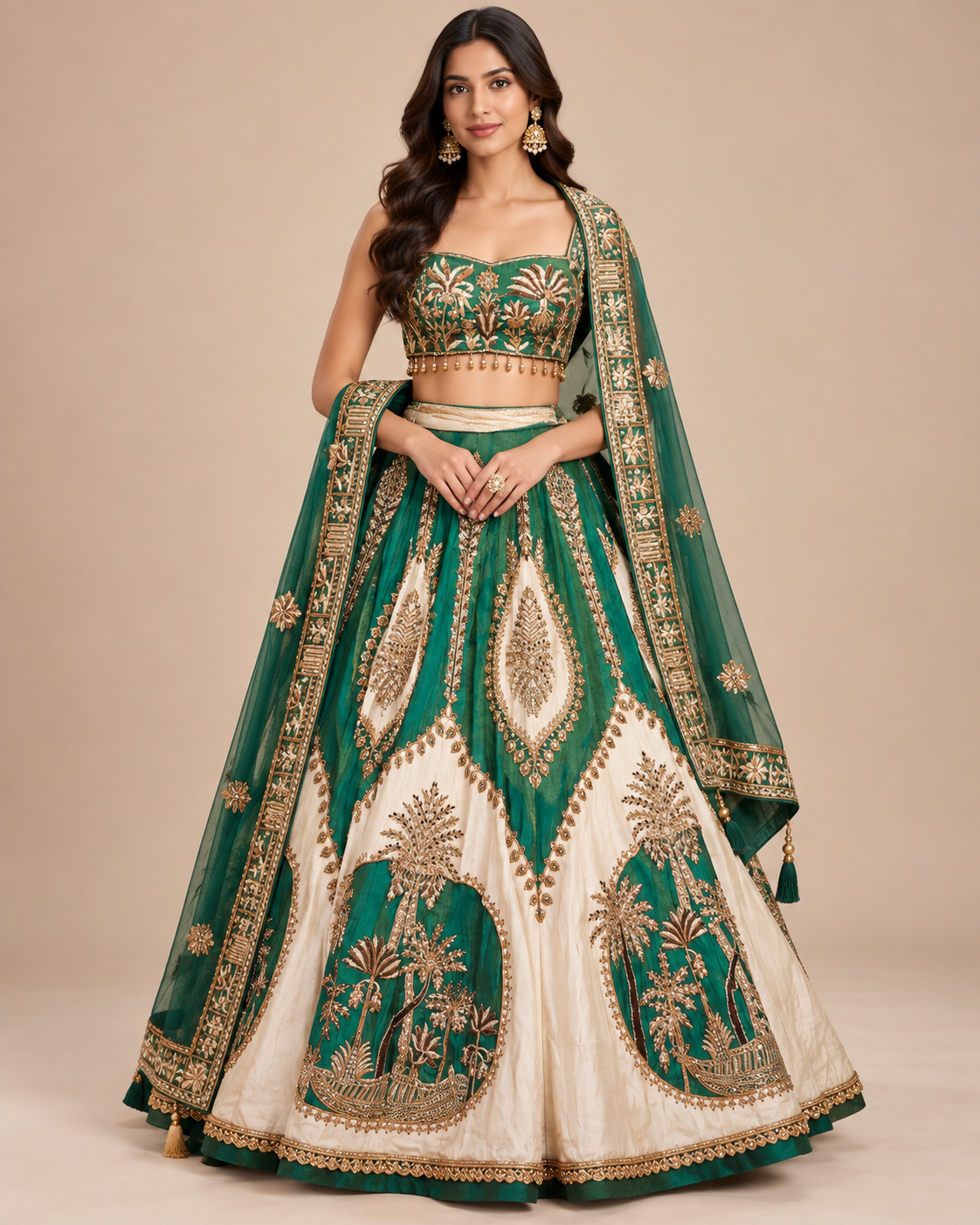 Emerald Green and Cream Color-Blocked Embroidered Lehenga Set with Dupatta