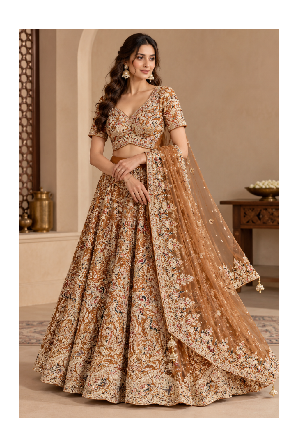 Antique Copper-Gold Kalamkari-Inspired Embroidered Lehenga, Choli