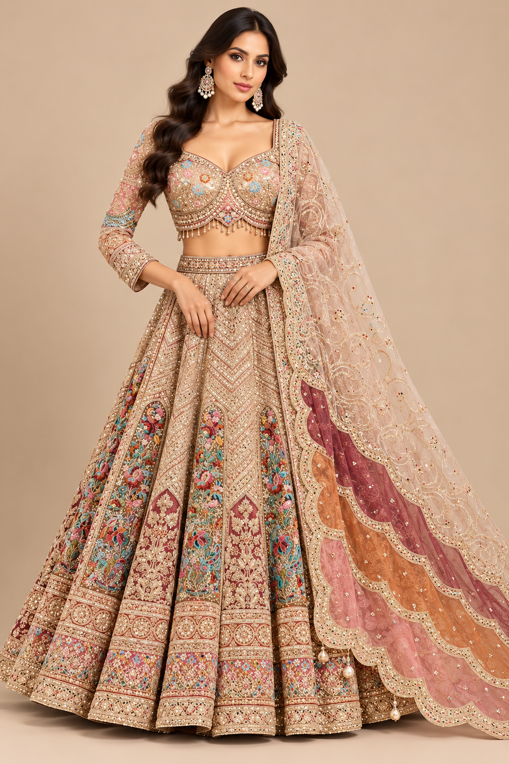 Muted Gold Multi-Hue Embroidered Full-Sleeve Bridal Lehenga Choli Set