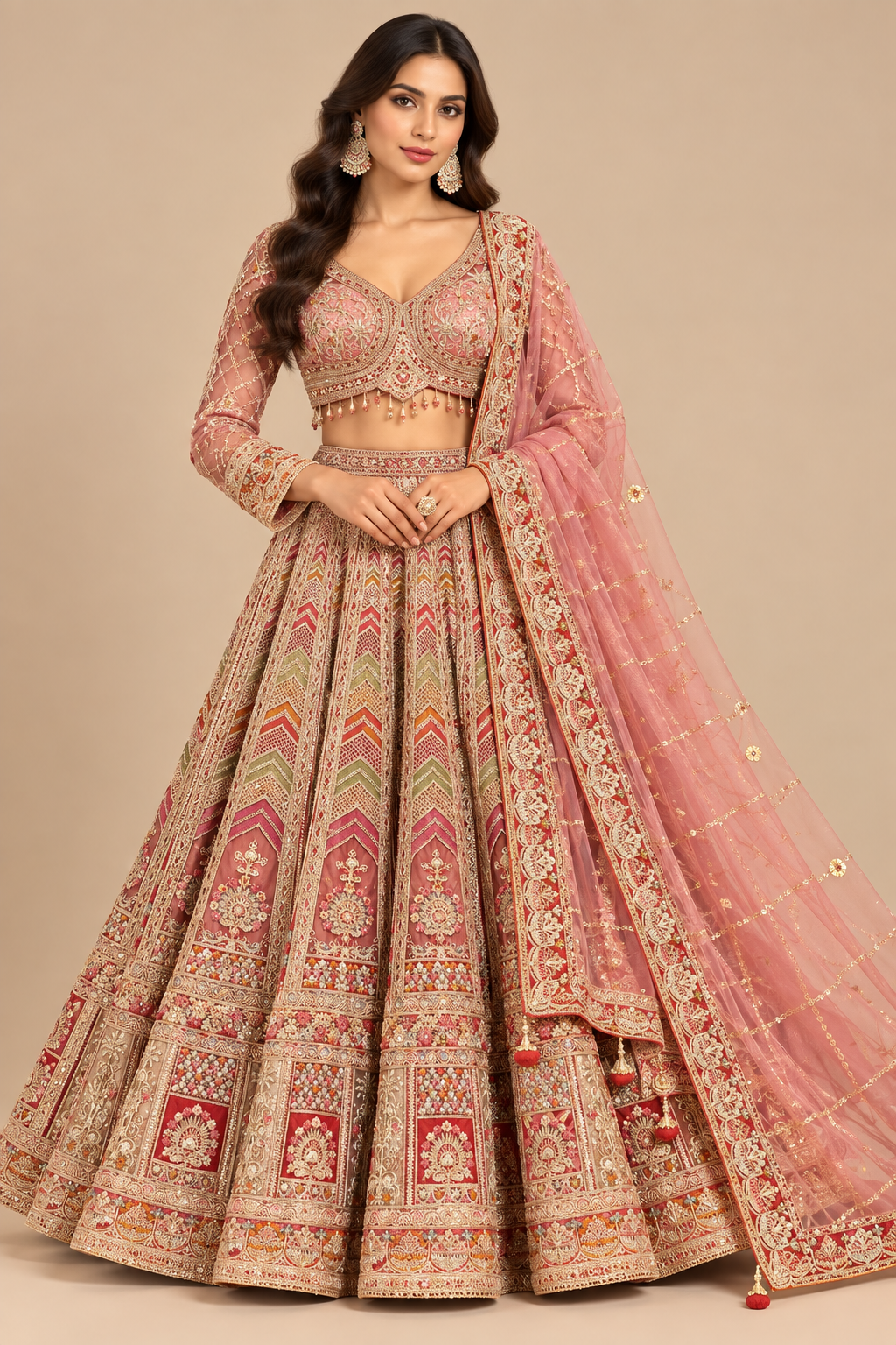 Rose Pink Multi-Tone Embroidered Full-Sleeve Lehenga Choli Set
