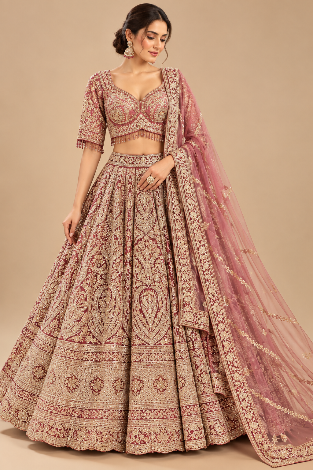 Maroon-Wine Gold-Embroidered Bridal Lehenga Choli Set