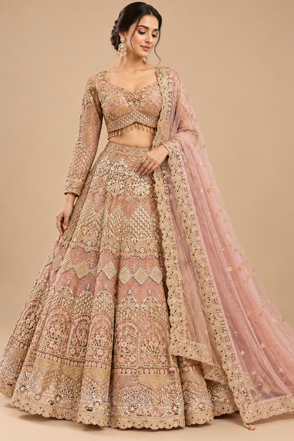 Dusty Rose-Gold Embroidered Full-Sleeve Bridal Lehenga Choli Set