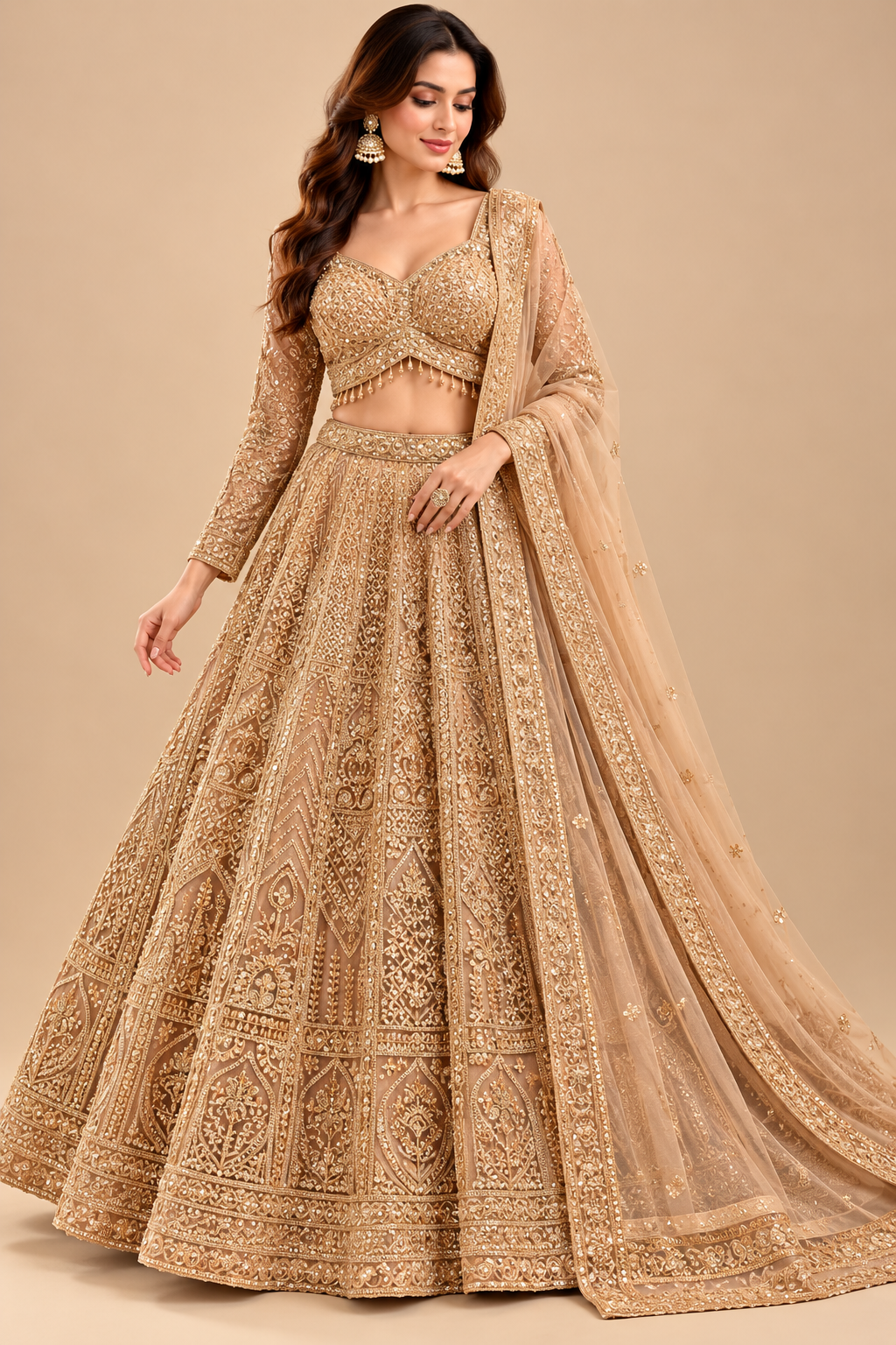 Warm Gold Embroidered Full-Sleeve Bridal Lehenga Choli Set