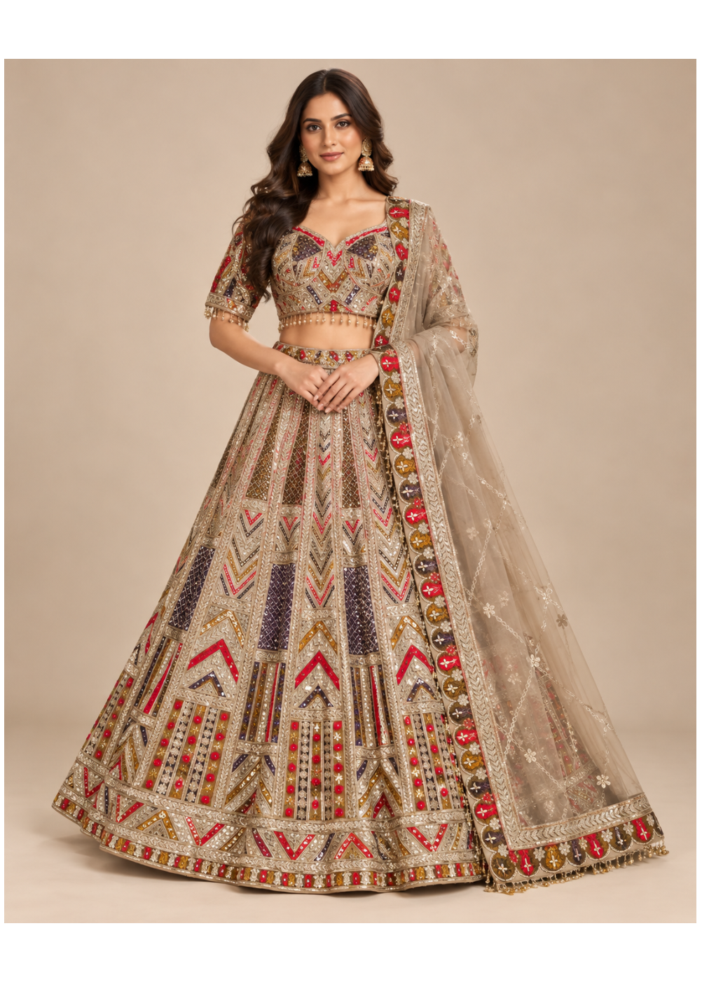 Chikoo Beige Multicolour Embroidered Lehenga Set