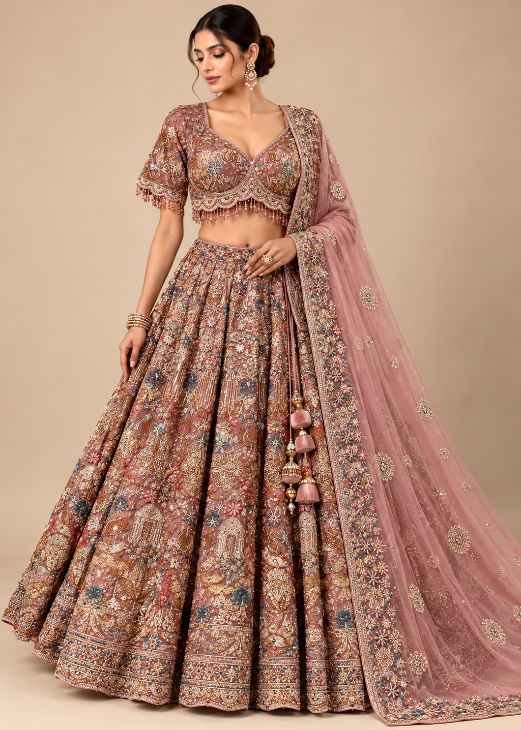 Dusty Rose Heritage Jharokha Bridal Lehenga