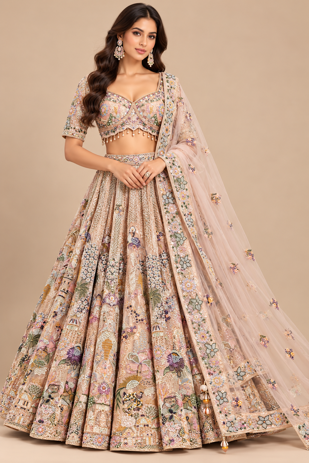 Blush Peach Pastel Embroidered Bridal Lehenga Choli Set