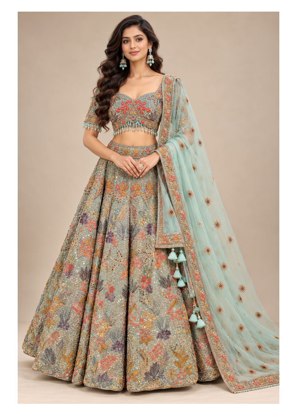 Sage Green Floral Embroidered Lehenga Set Main image