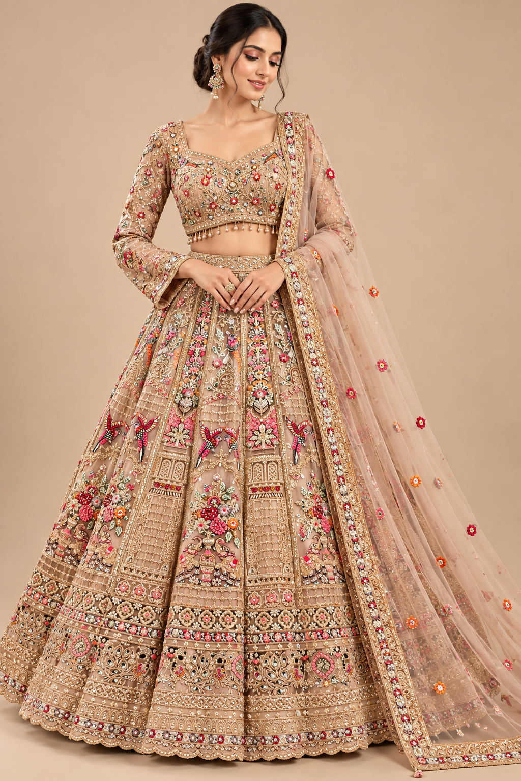 Beige-Gold Multi-Resham Embroidered Full-Sleeve Bridal Lehenga Choli Set