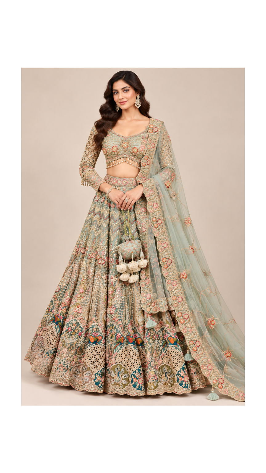 Sage Mint Shikargah Heritage Embroidered Bridal Lehenga Set Main image