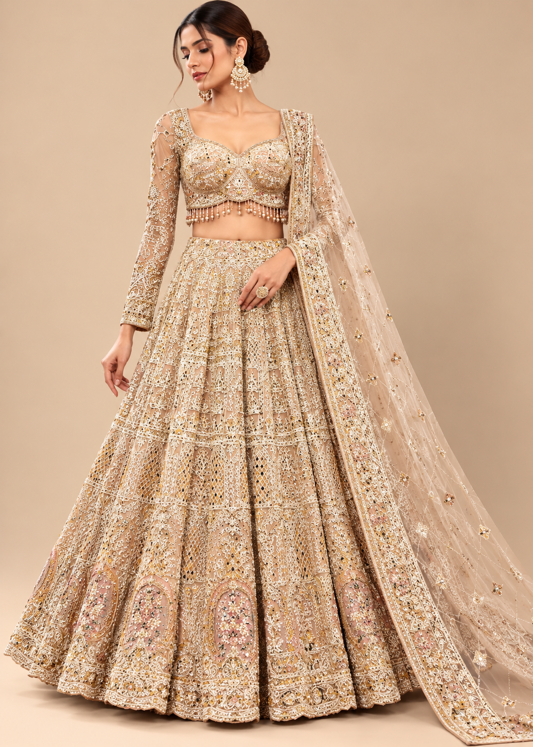 Beige Gold Architectural Lattice Bridal Lehenga