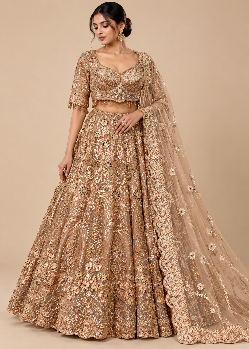Champagne Gold Floral Corset Bridal Lehenga