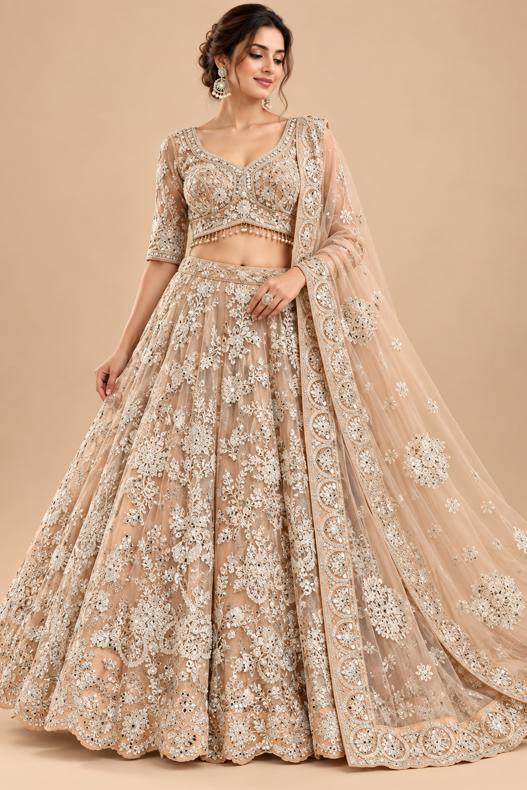 Beige-Champagne Mirror &amp; Thread Embroidered Lehenga Choli Set