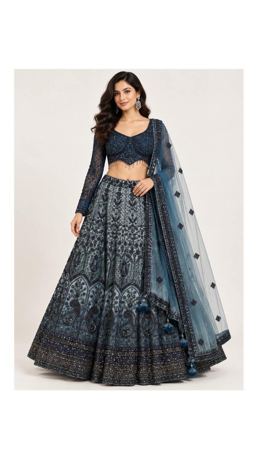 Teal Blue Ombre Bridal Lehenga Set