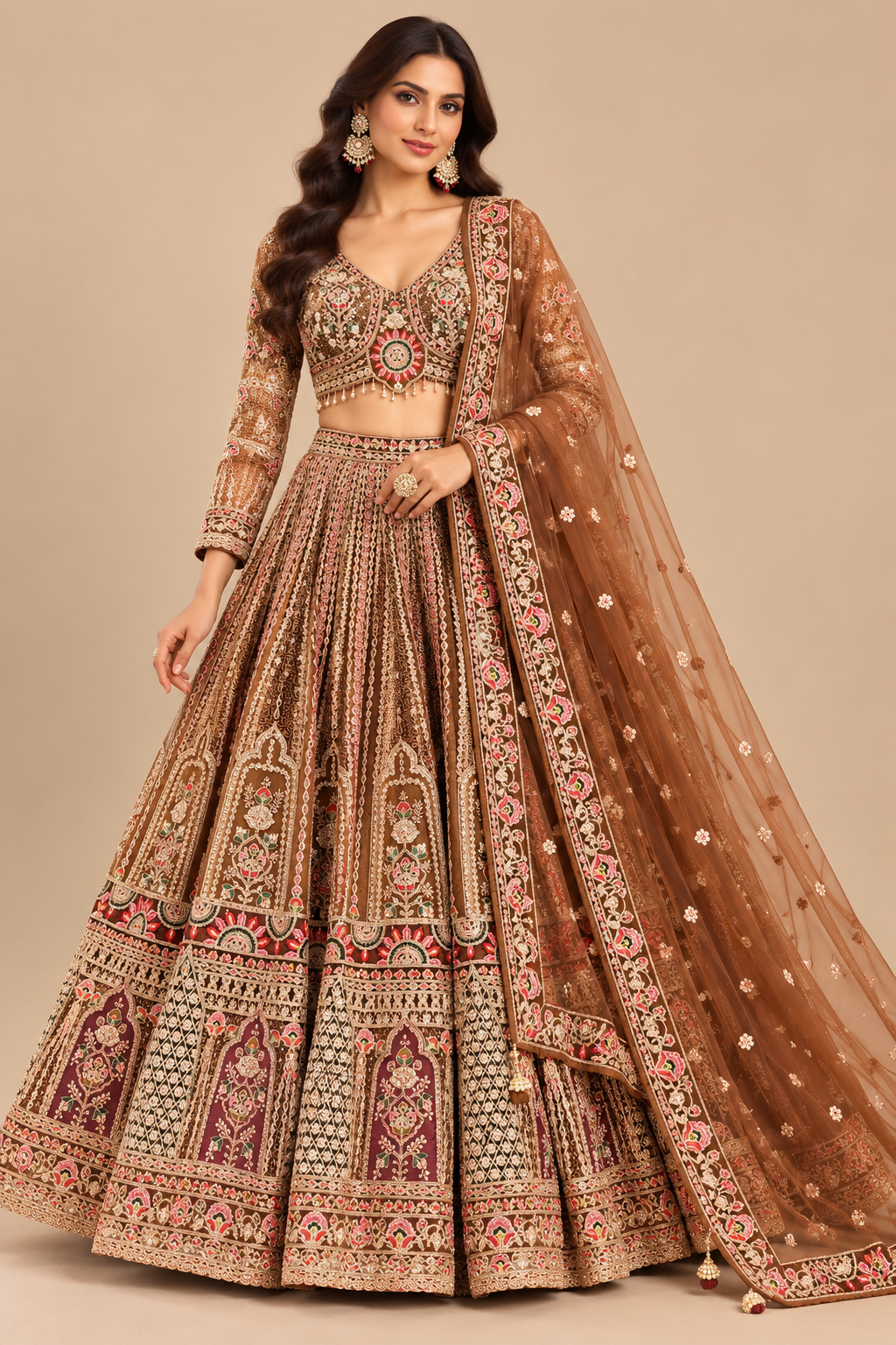 Bronze Caramel Embroidered Full-Sleeve Bridal Lehenga Choli Set