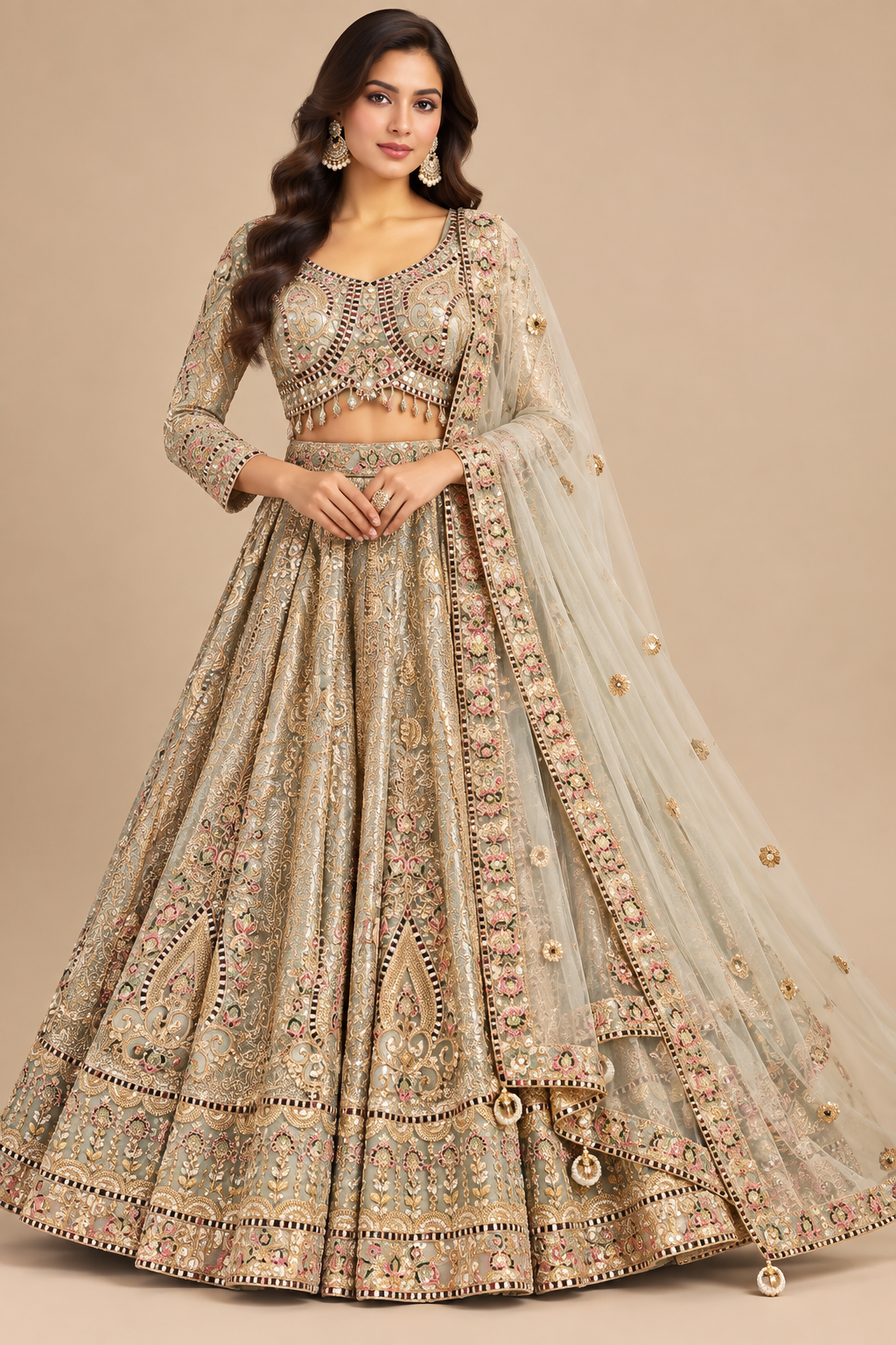 Pistachio Sage Hand-Embroidered Full-Sleeve Lehenga Choli Set
