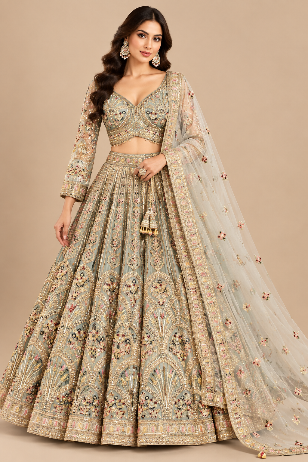 Pistachio Sage Hand-Embroidered Full-Sleeve Bridal Lehenga Choli Set