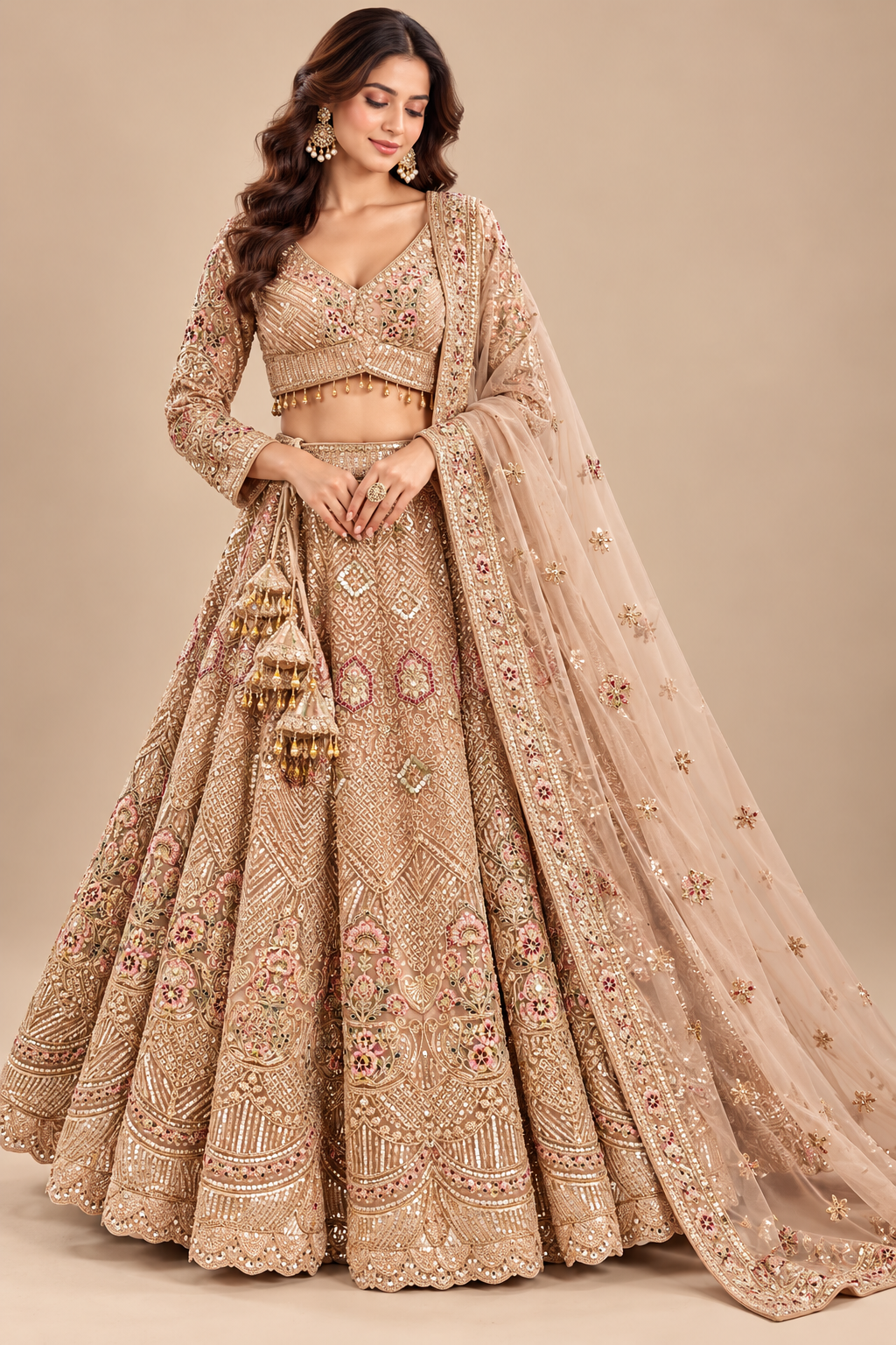 Champagne Gold Embroidered Full-Sleeve Bridal Lehenga Choli Set