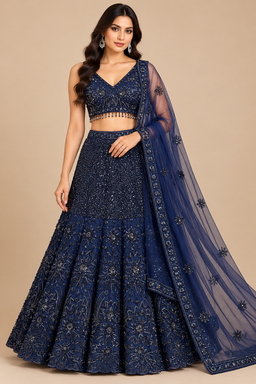 Midnight Blue Hand-Embroidered Lehenga Choli Set