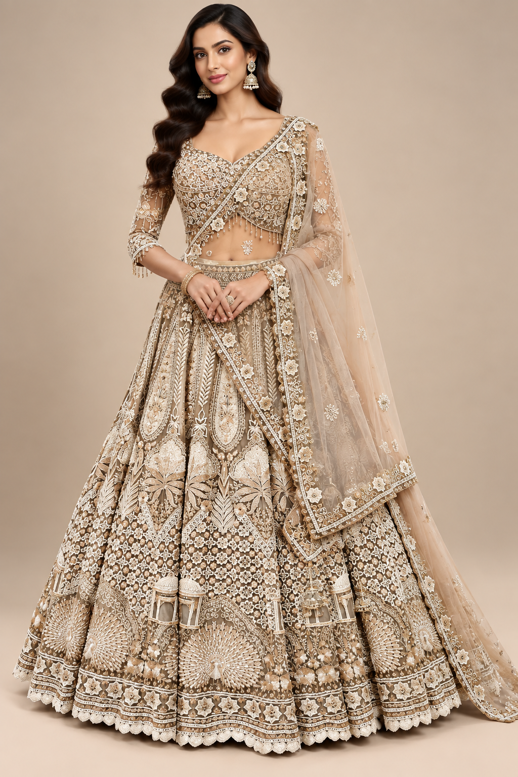 Champagne Bronze Heavily Embellished Bridal Lehenga Set with Dupatta Main image
