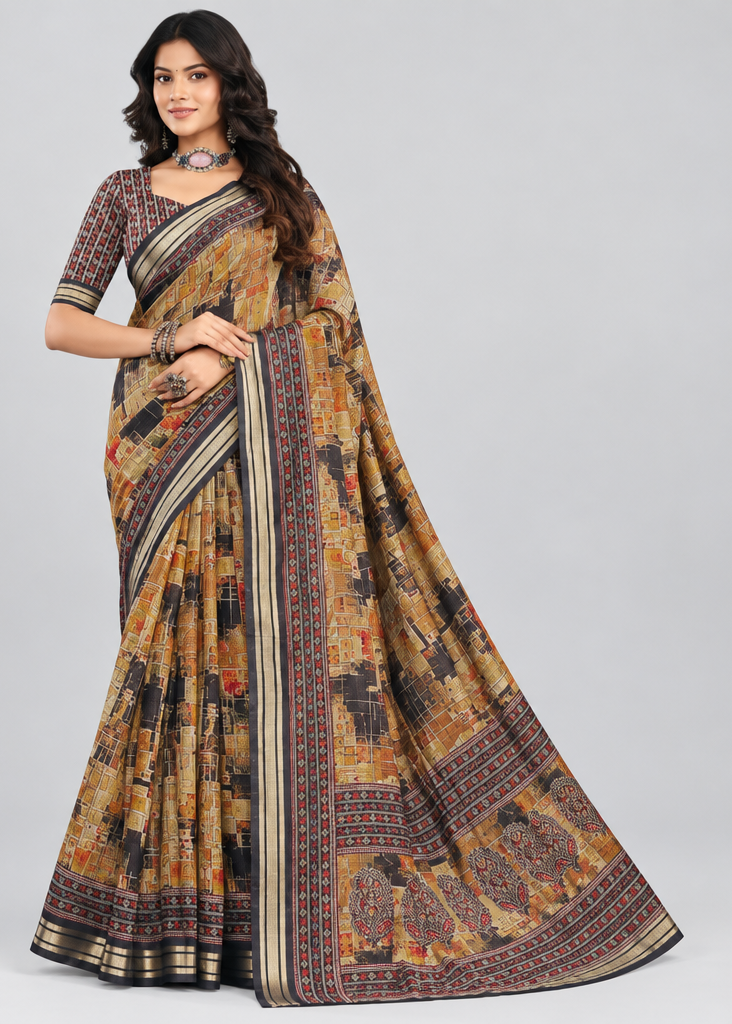 Vintage Earthy Toned Printed Saree with Traditional Border