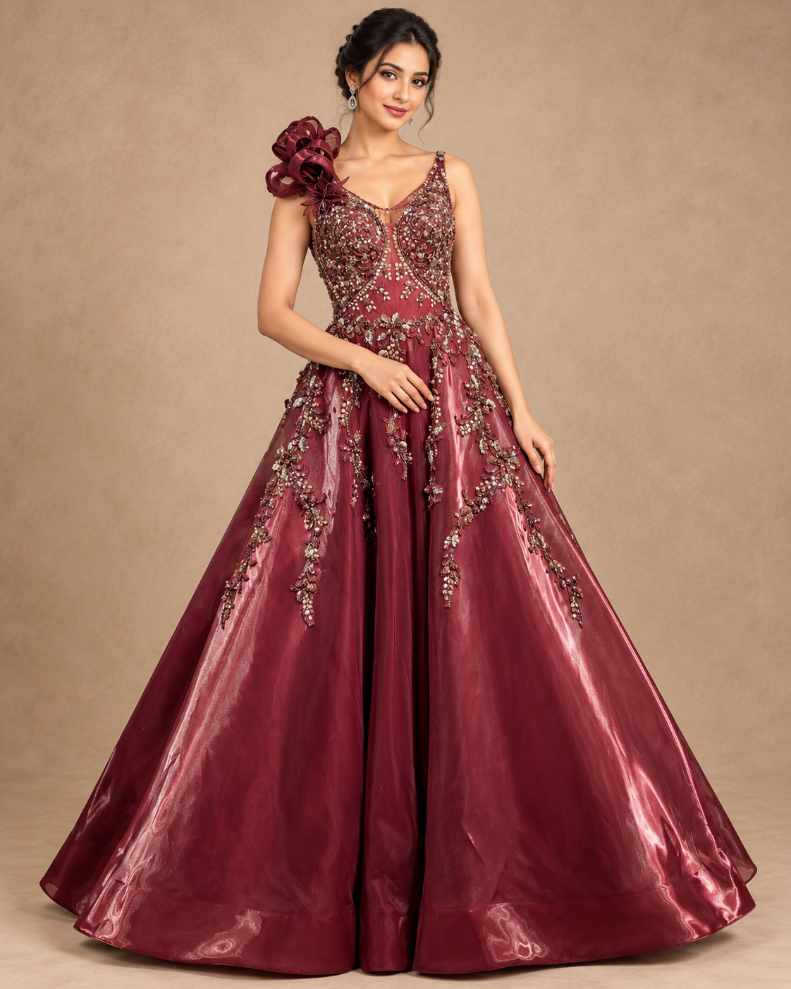 Wine Shimmer Tissue Embroidered Ballgown Gown