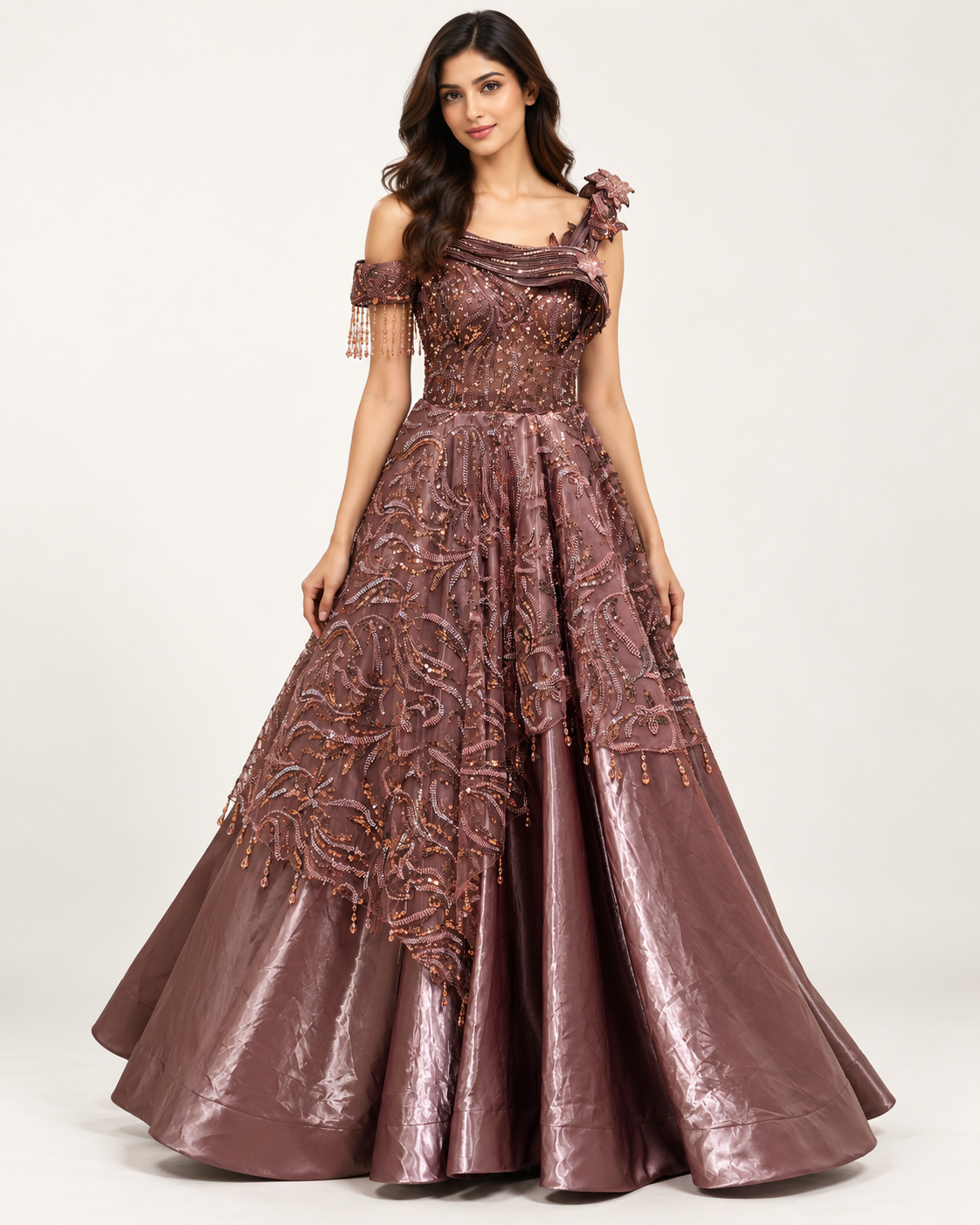 Metallic Mauve-Bronze Asymmetrical Embellished Ballgown