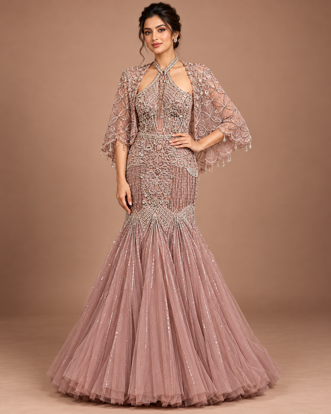 Dusty Mauve Halter Mermaid Cape Gown