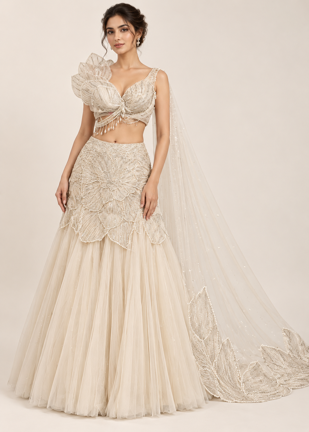 Pearl White Sculptural 3D Petal Corset Lehenga Set with Trail Cape Main image