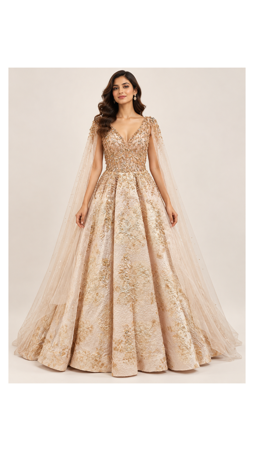 Champagne Gold Jacquard Couture Ballgown with Sheer Cape Sleeves