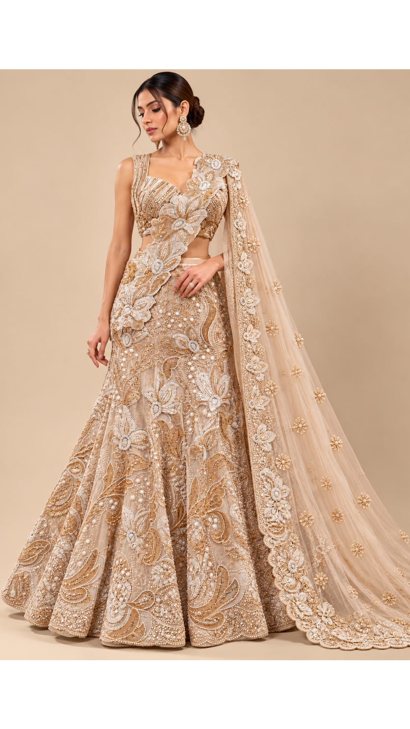 Champagne Gold 3D Floral Sculpted Bridal Lehenga