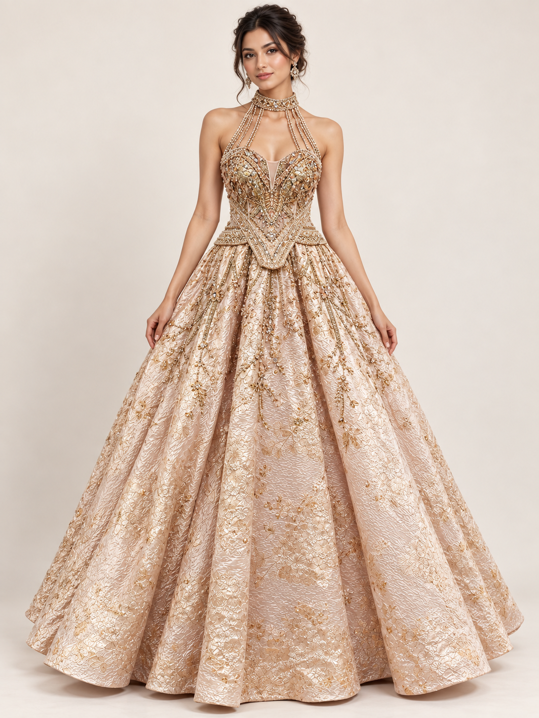 Champagne Gold Jacquard Brocade Couture Ballgown with Halter Chok Main image