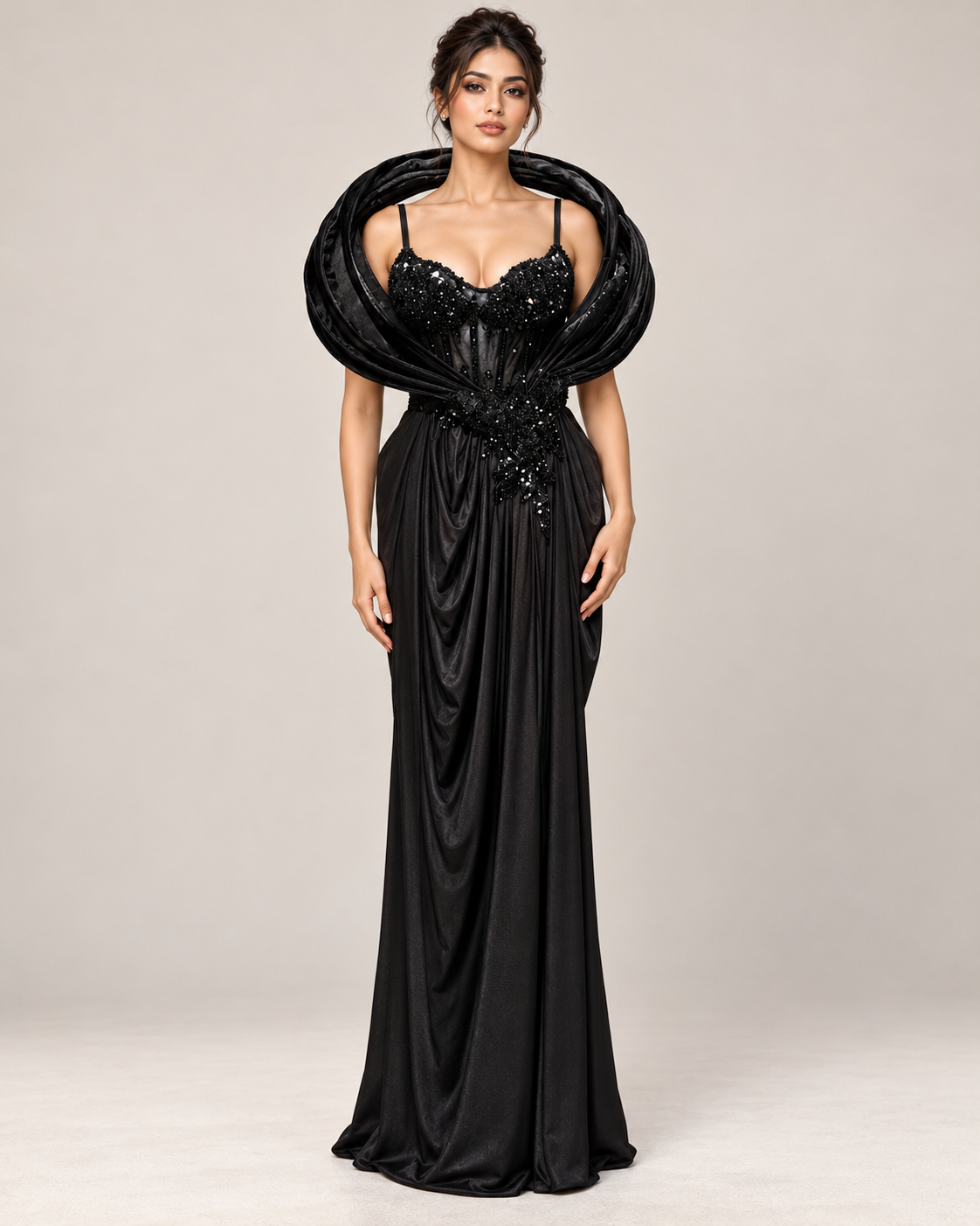 Midnight Black Sculptural Halo Draped Corset Gown