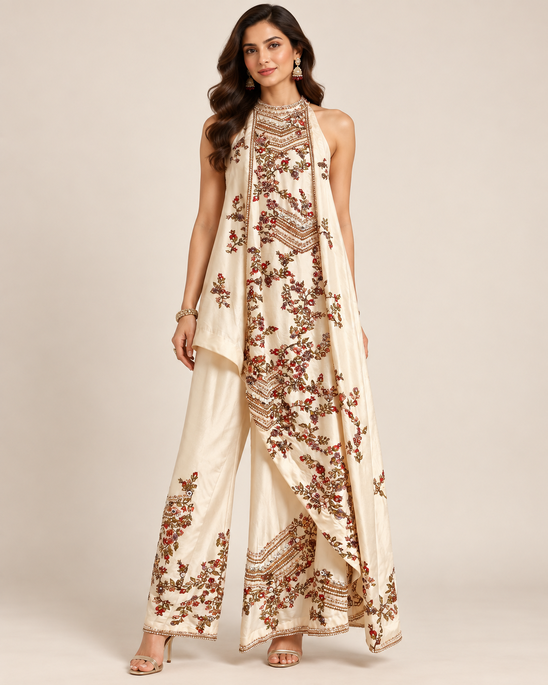 Ivory Embroidered Halter Neck Asymmetrical Pant Set with Integrated Drape
