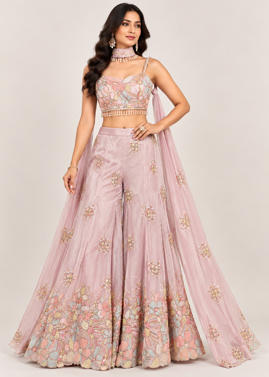 Pastel Lilac-Pink 3D Floral Bustier, Flared Sharara Pants & Cape Dupatta Set Main image