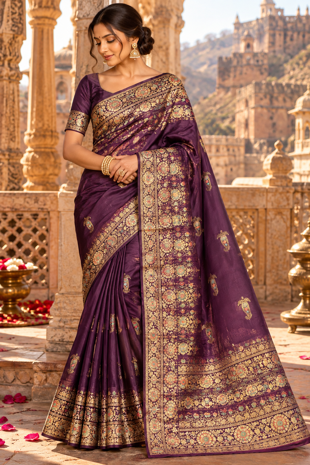 Royal Purple Woven Saree with Ornate Golden Border