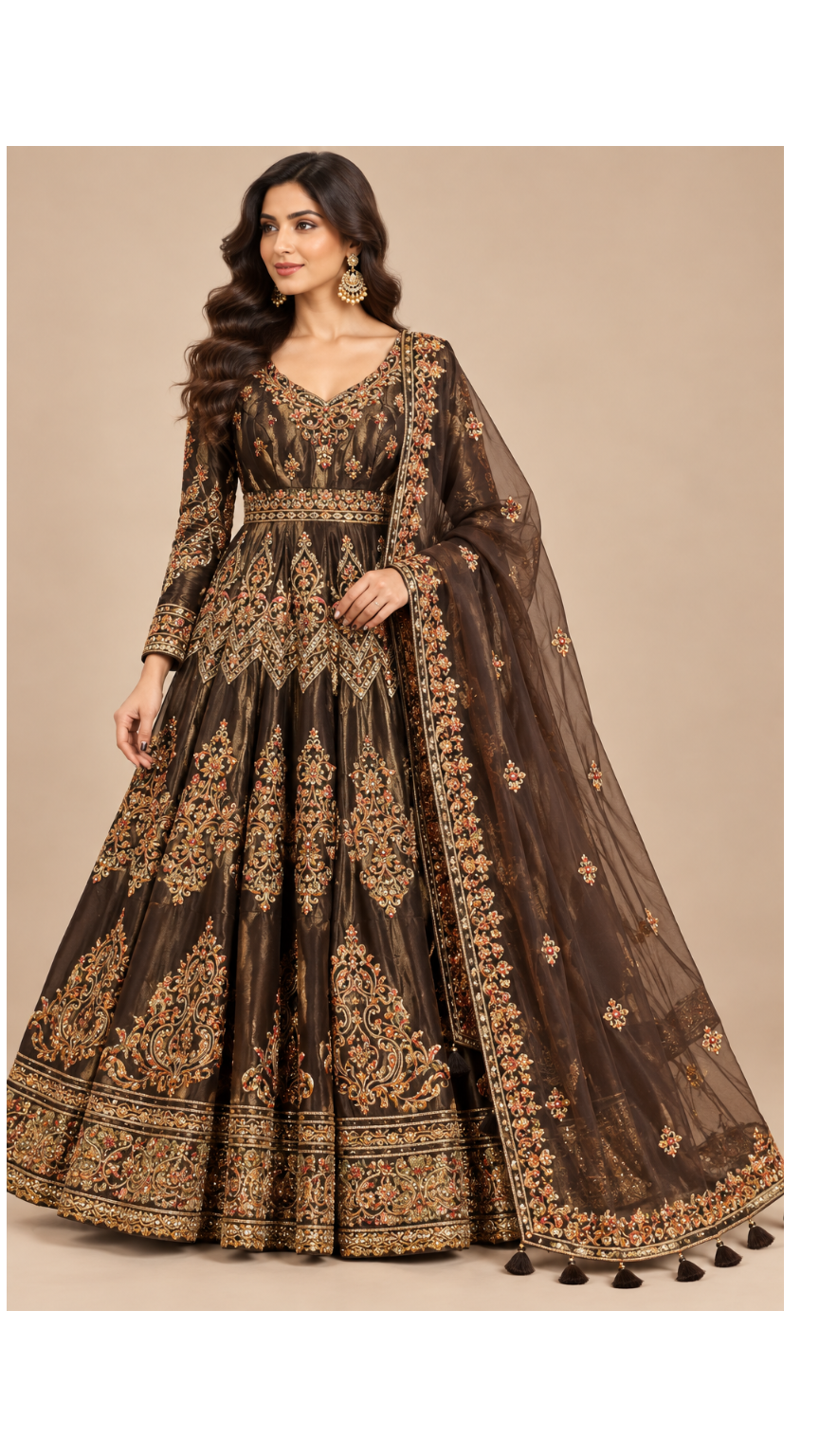 Chocolate Brown Embroidered Anarkali Gown Set