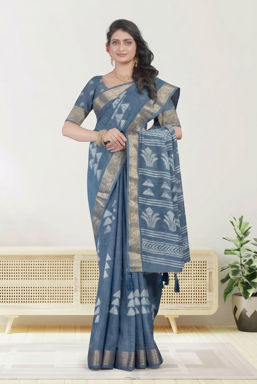 Slate Blue Geometric Printed Linen Saree