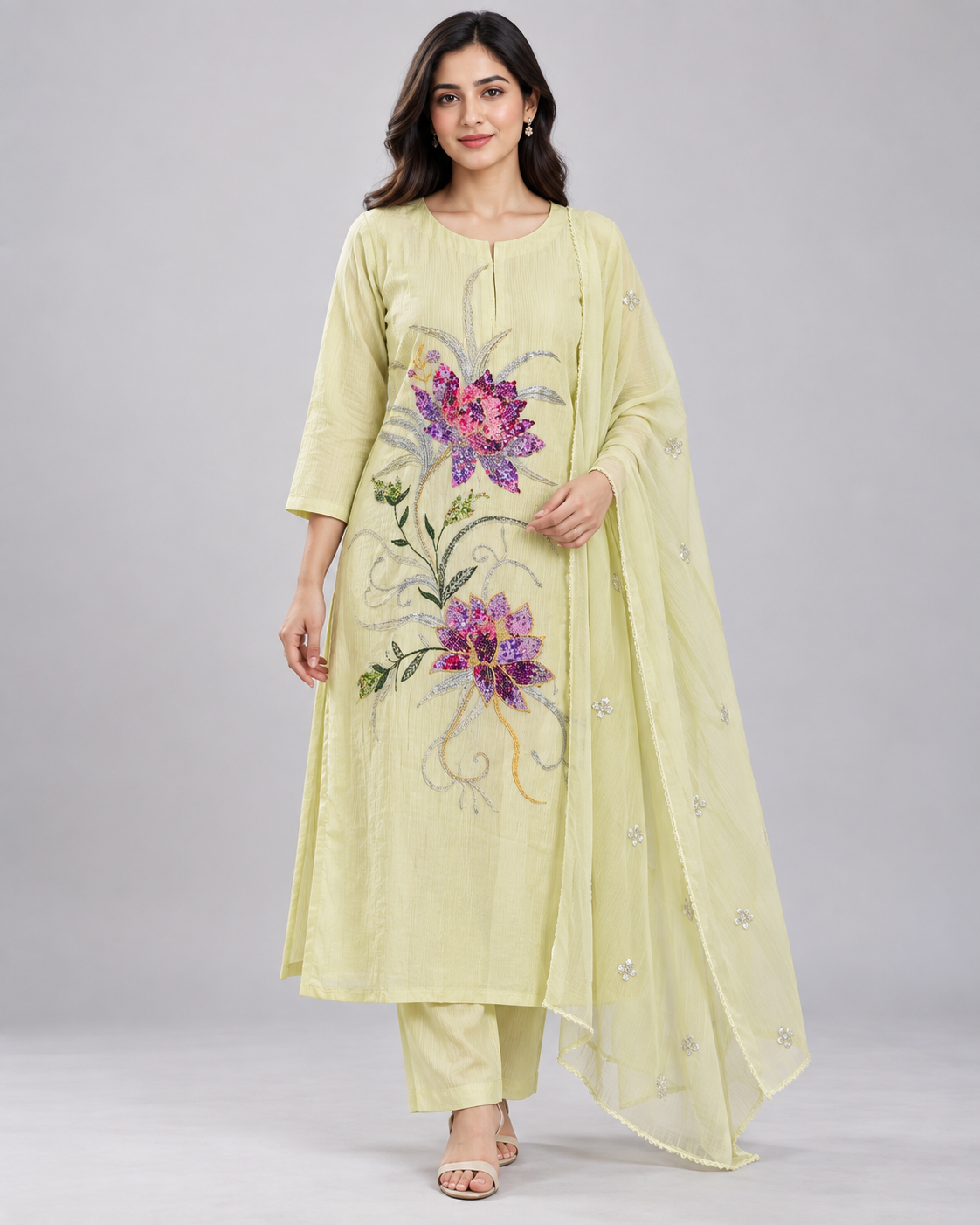 Lemon Yellow Floral Embellished Kurti Pant Set with Dupatta Main image