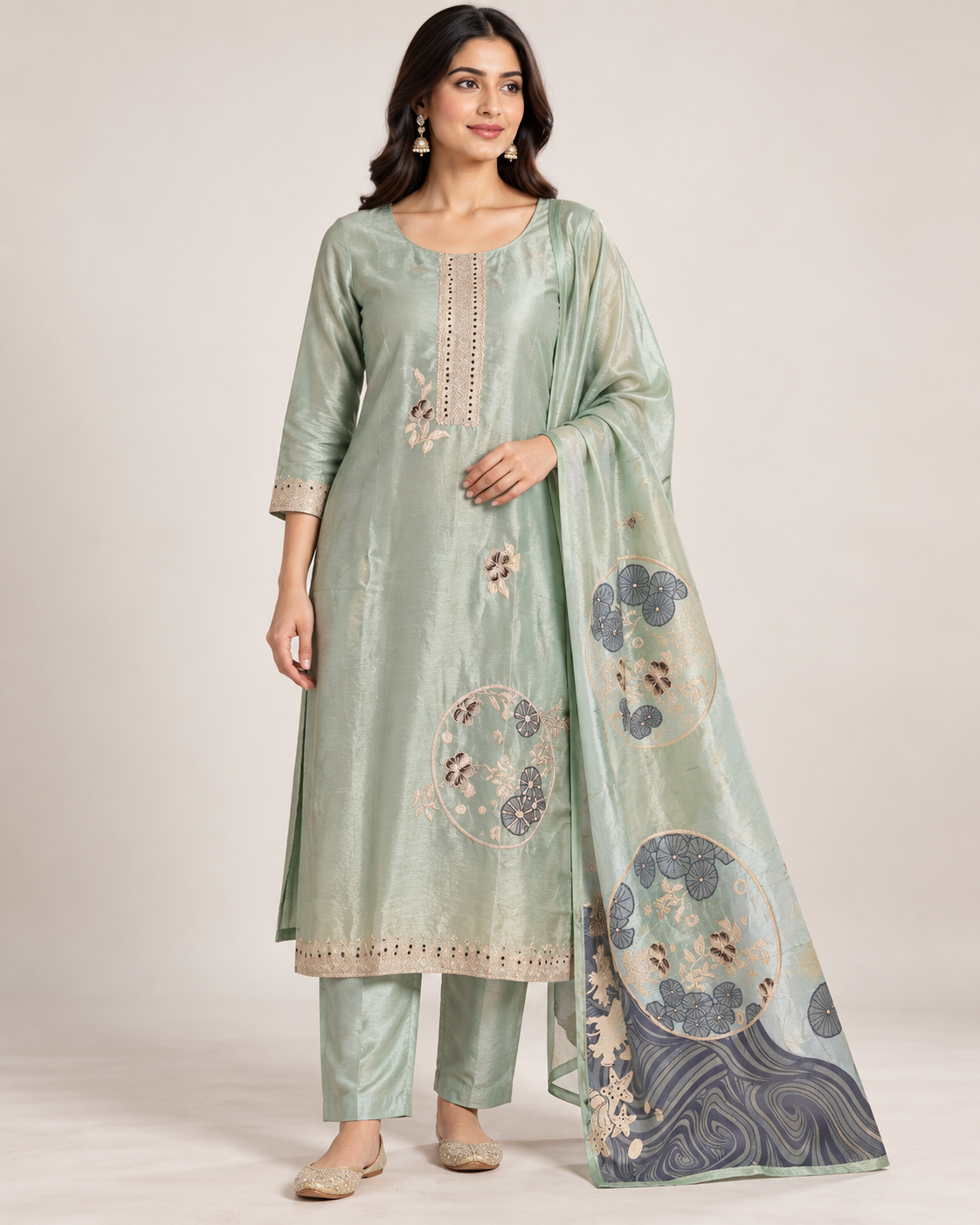 Sage Green Floral Embroidered Kurti Pant Set with Dupatta