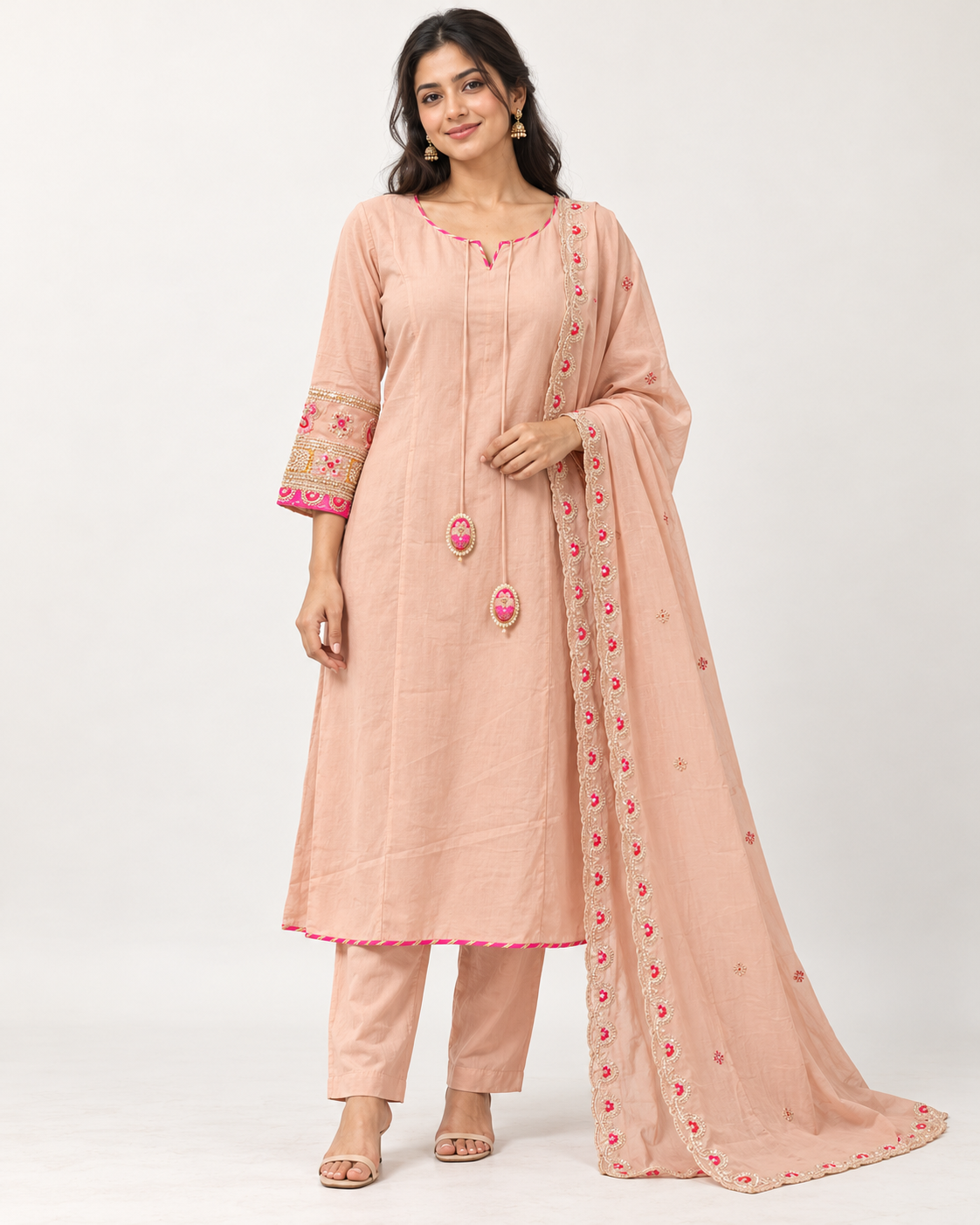 Peach Embroidered Kurta Set With Dupatta
