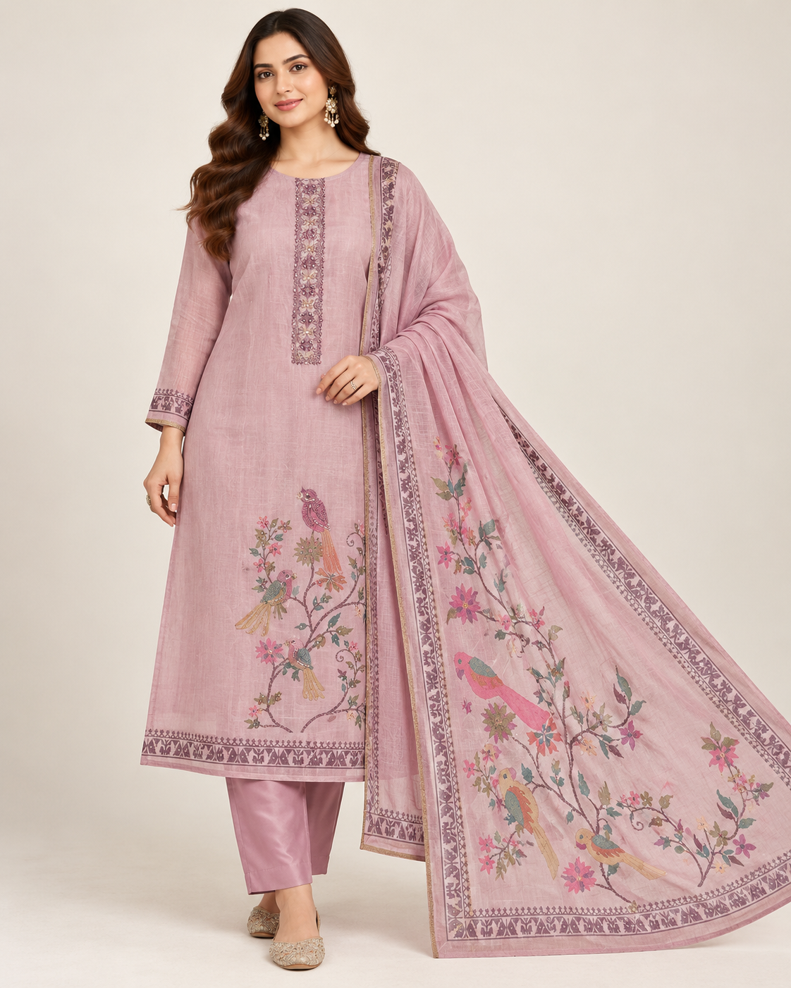 Pastel Pink Bird Floral Printed Suit Main image