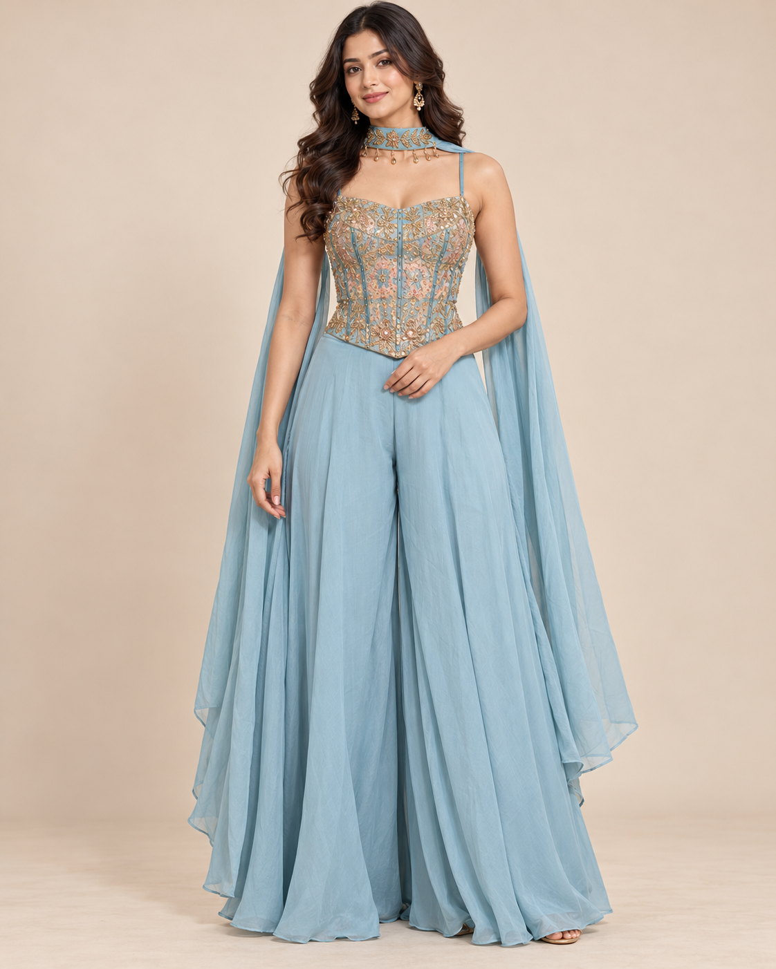 Pastel Blue Embroidered Corset Palazzo Set with Choker Dupatta Main image
