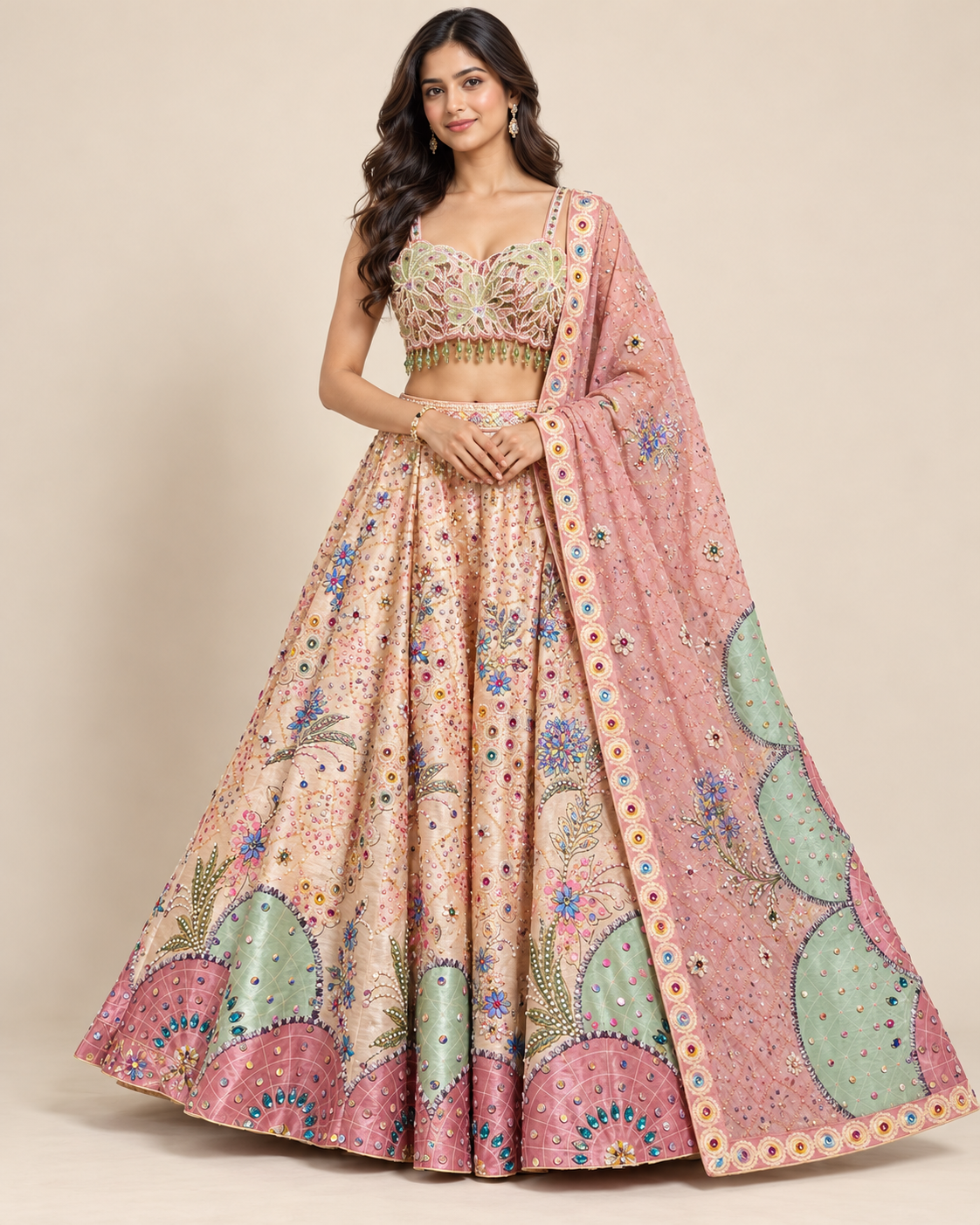 Pastel Multi-Color Embroidered Silk Lehenga Set Main image