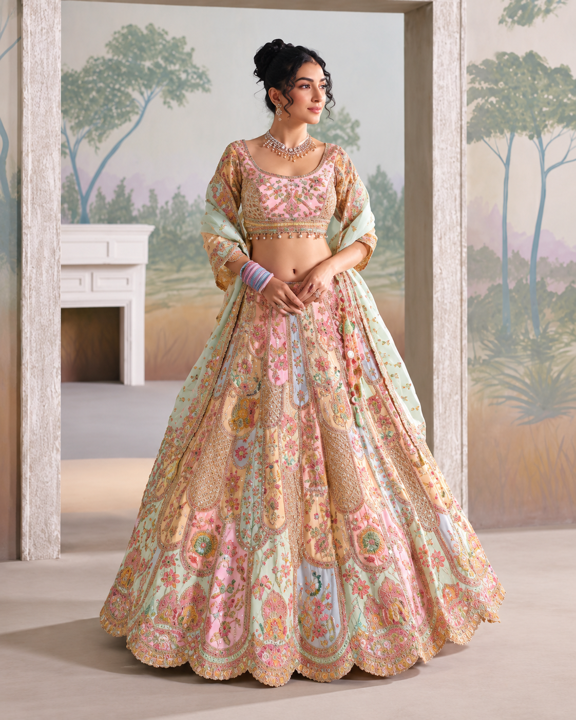 Pastel Multi-Color Embroidered Designer Lehenga Set Main image